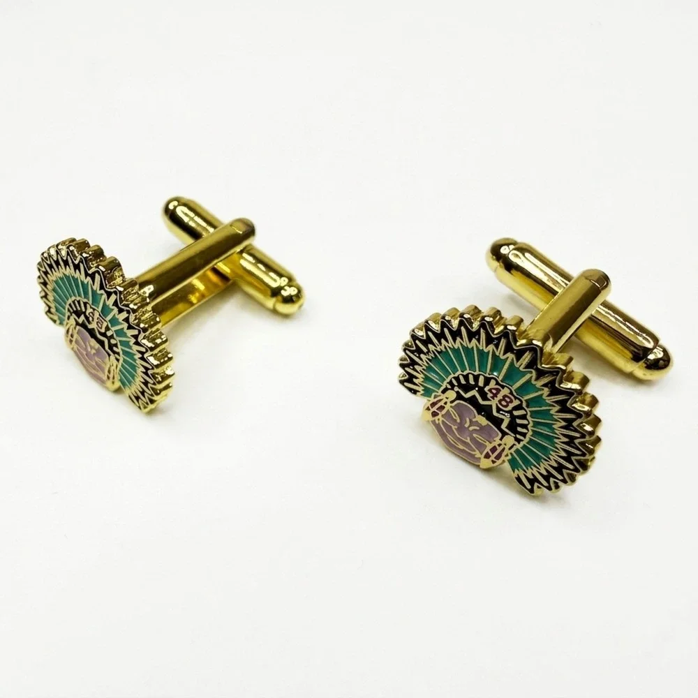 Chief Headdress Cufflinks Gold Tone Enamel Native American Inspired Jewelry